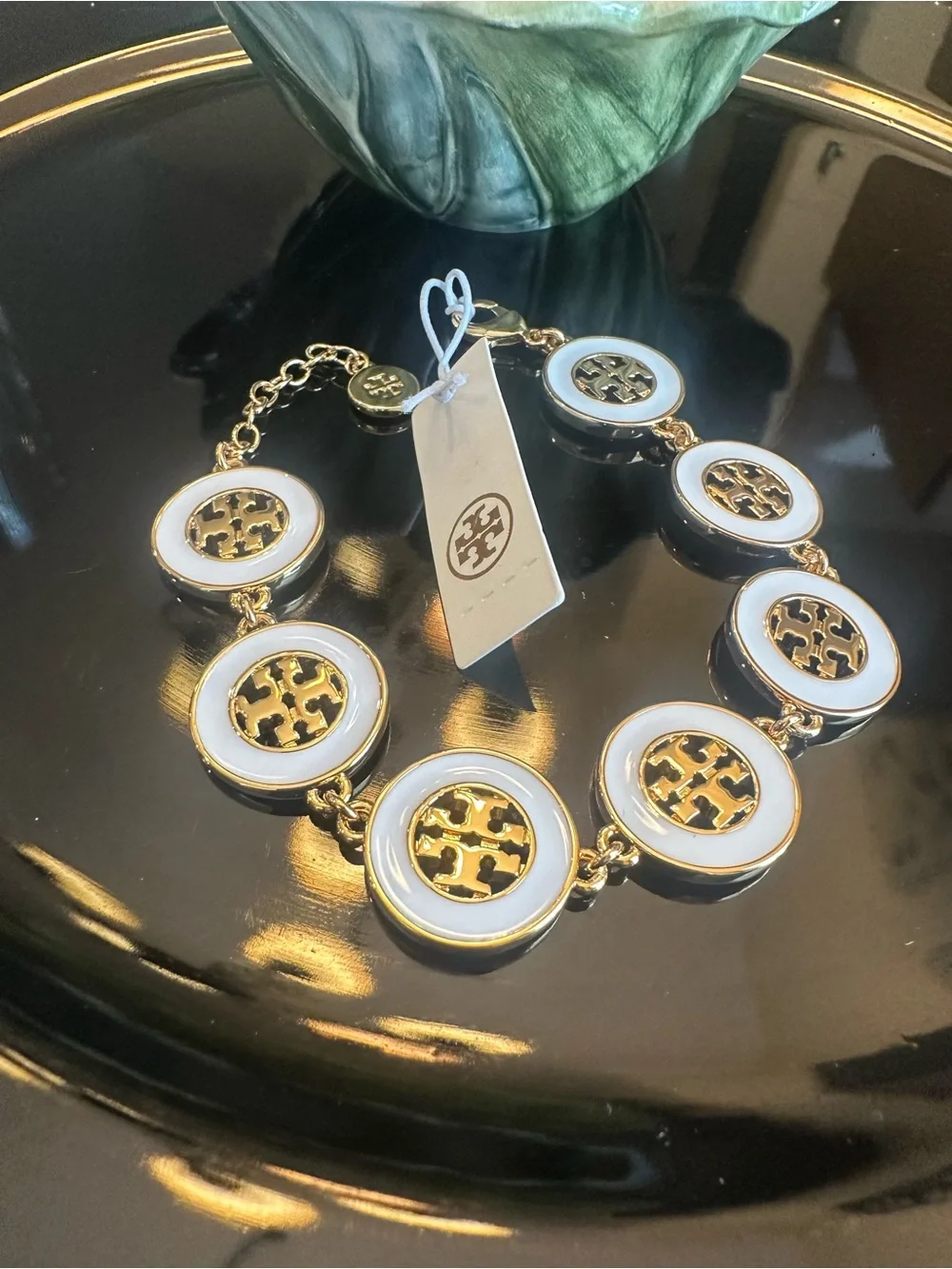 NWT Tory Burch Enamel Hollow Round Logo Link Bracelet Gold & White